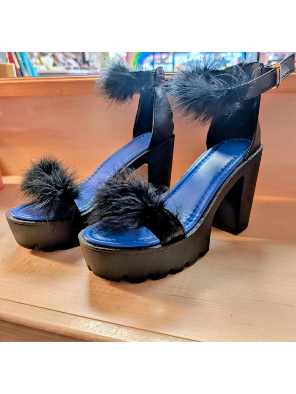 Strappy Feather Platform Heels Black Blue EU 43 US 12